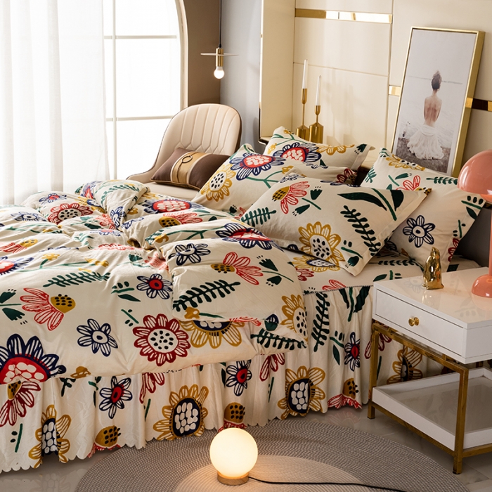 91家纺网 家纺一手货源 找家纺 纽缦 2020新款绒单层床裙四件套 花花世界