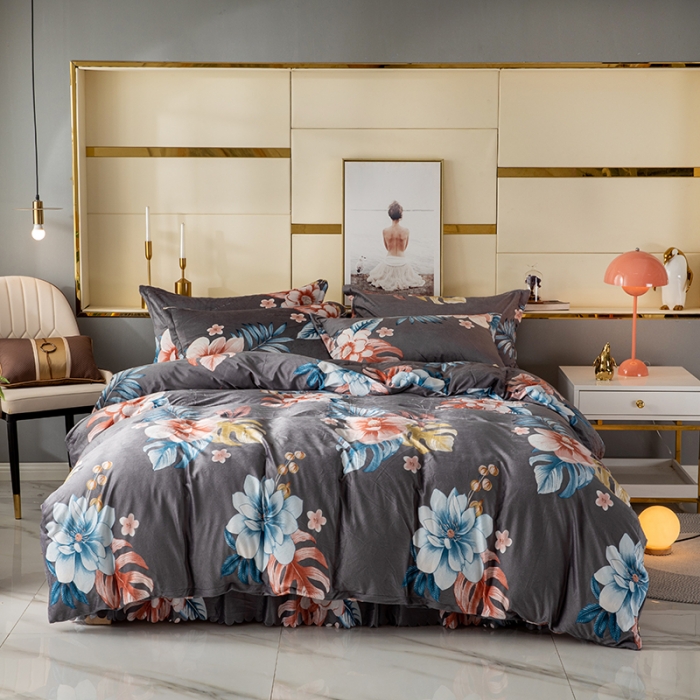 91家纺网 家纺一手货源 找家纺 纽缦 2020新款绒单层床裙四件套 花颜灰