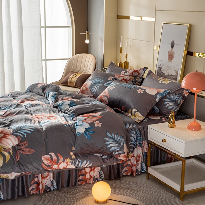 91家纺网 家纺一手货源 找家纺 纽缦 2020新款绒单层床裙四件套 花颜灰