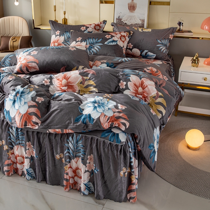 91家纺网 家纺一手货源 找家纺 纽缦 2020新款绒单层床裙四件套 花颜灰