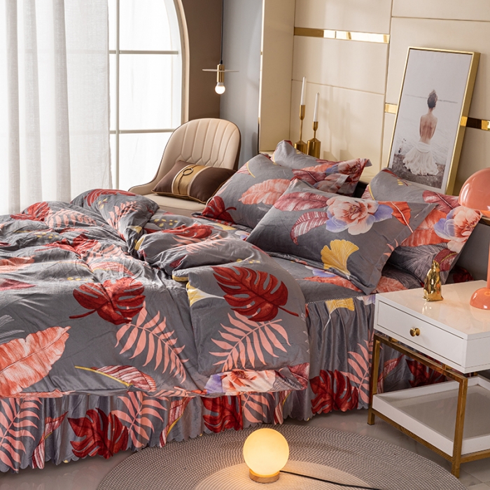 91家纺网 家纺一手货源 找家纺 纽缦 2020新款绒单层床裙四件套 花语灰