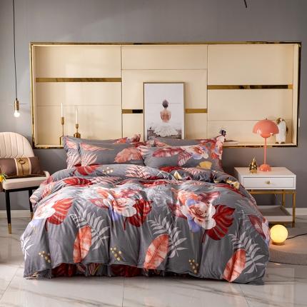 纽缦 2020新款绒单层床裙四件套 花语灰