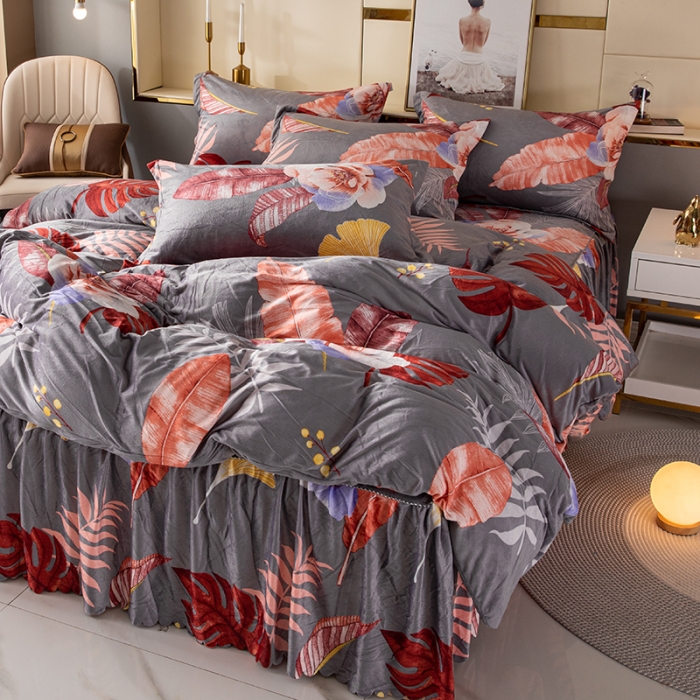 91家纺网 家纺一手货源 找家纺 纽缦 2020新款绒单层床裙四件套 花语灰