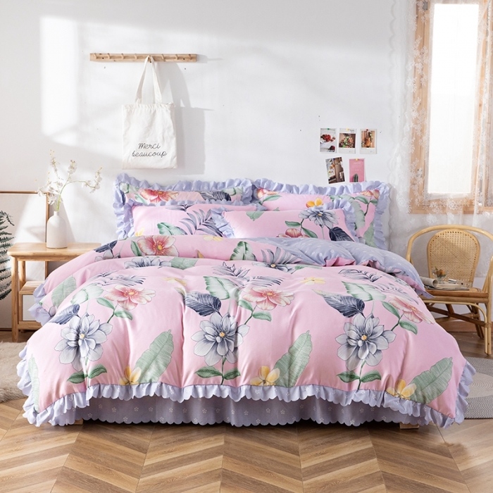 91家纺网 家纺一手货源 找家纺 纽缦 2020新款加厚磨毛床单款四件套 梦幻花田粉