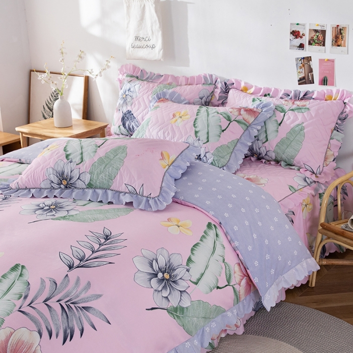 91家纺网 家纺一手货源 找家纺 纽缦 2020新款加厚磨毛床单款四件套 梦幻花田粉