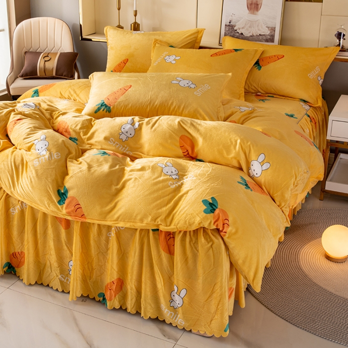 91家纺网 家纺一手货源 找家纺 纽缦 2020新款绒单层床裙四件套 萝卜兔子黄