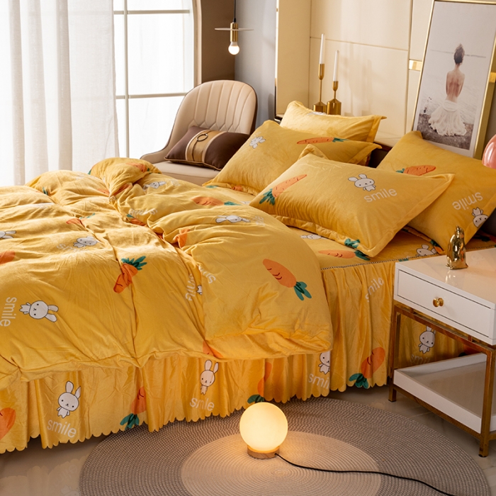 91家纺网 家纺一手货源 找家纺 纽缦 2020新款绒单层床裙四件套 萝卜兔子黄