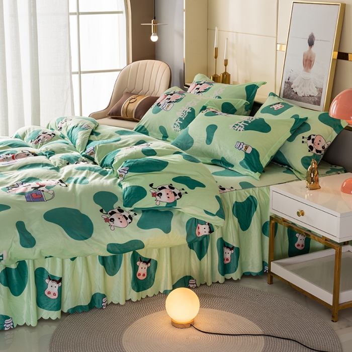 91家纺网 家纺一手货源 找家纺 纽缦 2020新款绒单层床裙四件套 奶牛块