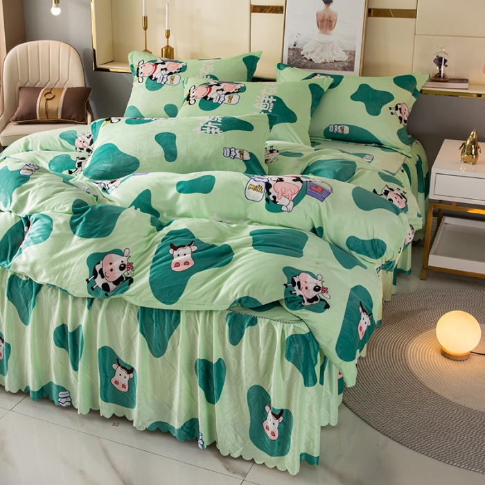 91家纺网 家纺一手货源 找家纺 纽缦 2020新款绒单层床裙四件套 奶牛块