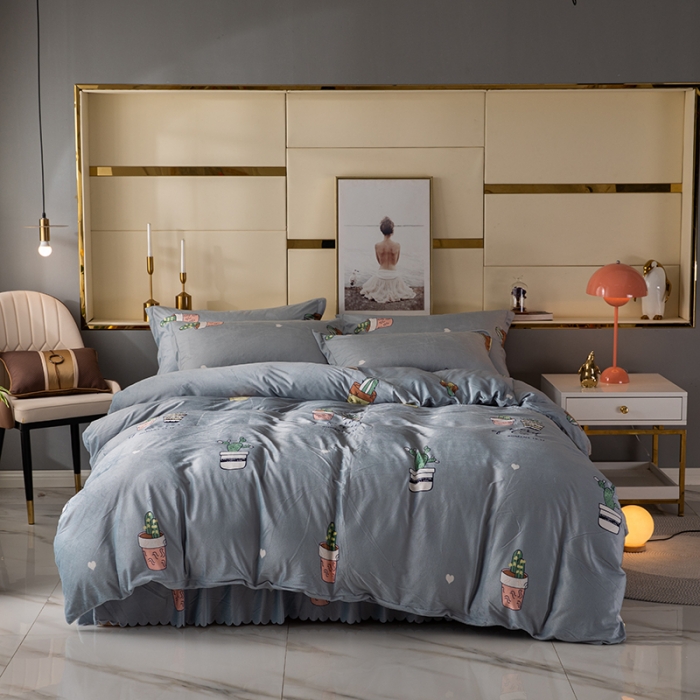 91家纺网 家纺一手货源 找家纺 纽缦 2020新款绒单层床裙四件套 仙人掌灰