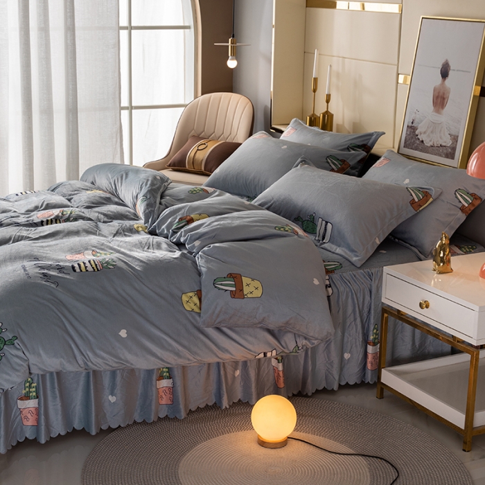 91家纺网 家纺一手货源 找家纺 纽缦 2020新款绒单层床裙四件套 仙人掌灰