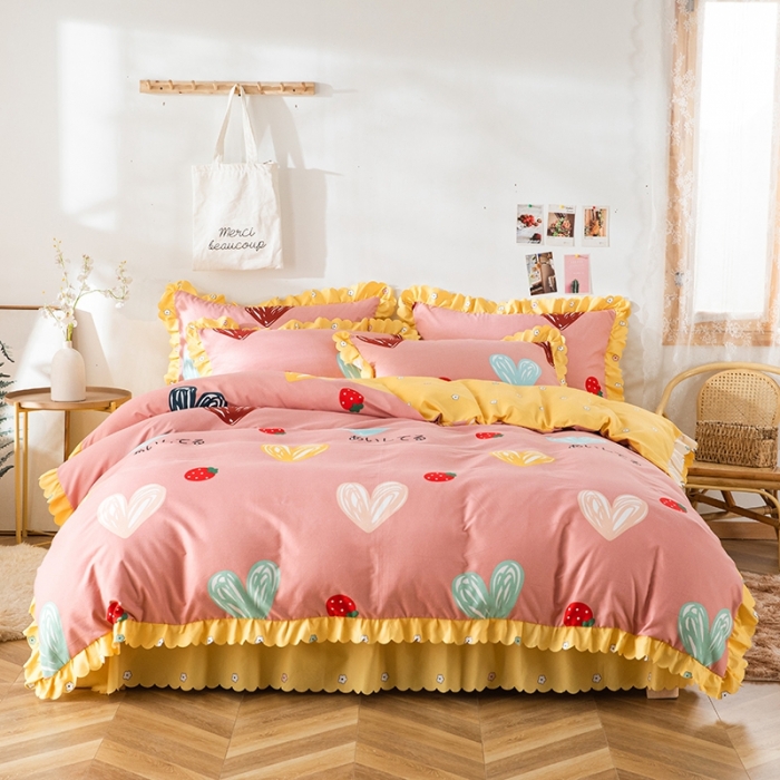 91家纺网 家纺一手货源 找家纺 纽缦 2020新款加厚磨毛床单款四件套 甜甜爱粉