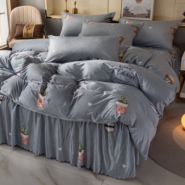 91家纺网 家纺一手货源 找家纺 纽缦 2020新款绒单层床裙四件套 仙人掌灰