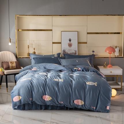 纽缦 2020新款绒单层床裙四件套 鱼水深情天蓝