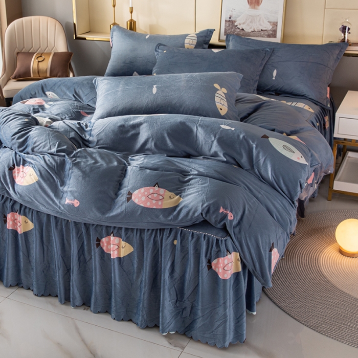 91家纺网 家纺一手货源 找家纺 纽缦 2020新款绒单层床裙四件套 鱼水深情天蓝