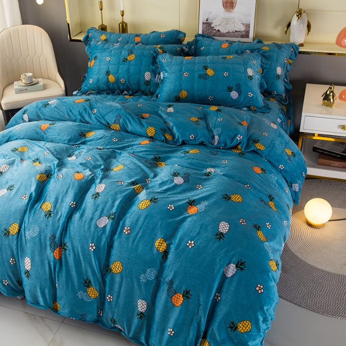 91家纺网 家纺一手货源 找家纺 纽缦 2020新款绒夹棉床裙四件套 菠萝蜜蓝