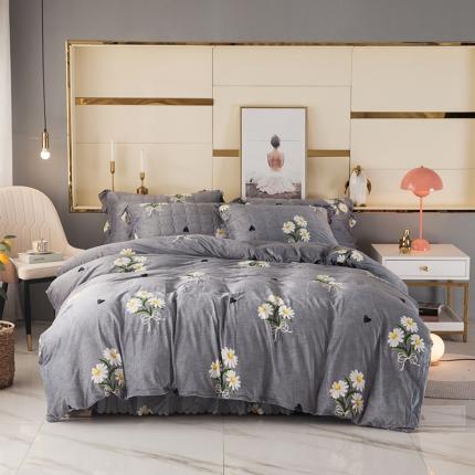 纽缦 2020新款绒夹棉床裙四件套 雏菊满园灰