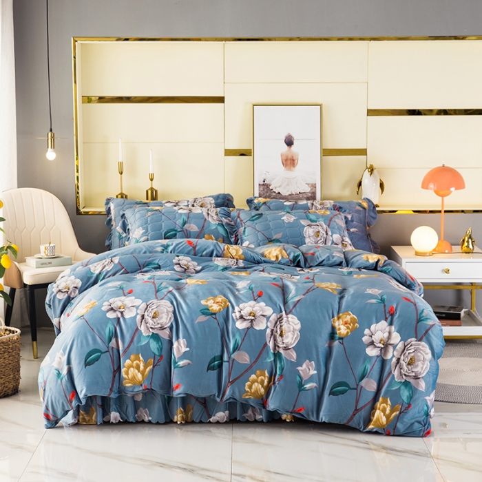 91家纺网 家纺一手货源 找家纺 纽缦 2020新款绒夹棉床裙四件套 繁花洛洛