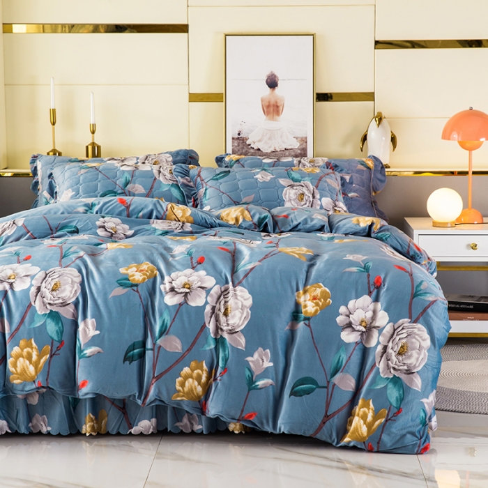 91家纺网 家纺一手货源 找家纺 纽缦 2020新款绒夹棉床裙四件套 繁花洛洛