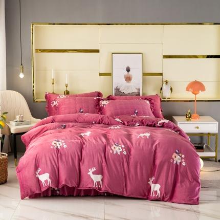 纽缦 2020新款绒夹棉床裙四件套 花儿与鹿豆沙