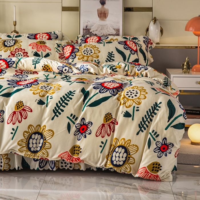 91家纺网 家纺一手货源 找家纺 纽缦 2020新款绒夹棉床裙四件套 花花世界