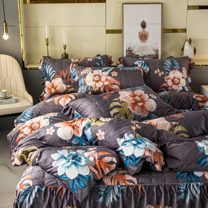 91家纺网 家纺一手货源 找家纺 纽缦 2020新款绒夹棉床裙四件套 花颜灰