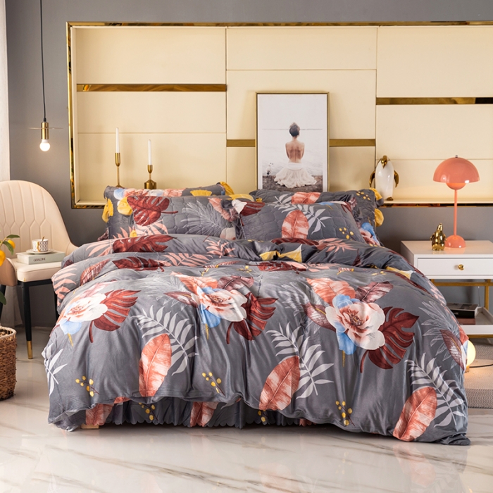 91家纺网 家纺一手货源 找家纺 纽缦 2020新款绒夹棉床裙四件套 花语灰