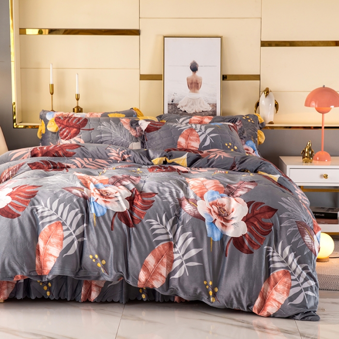 91家纺网 家纺一手货源 找家纺 纽缦 2020新款绒夹棉床裙四件套 花语灰