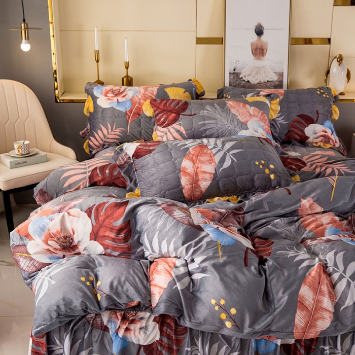 91家纺网 家纺一手货源 找家纺 纽缦 2020新款绒夹棉床裙四件套 花语灰