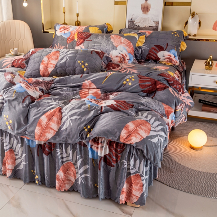 91家纺网 家纺一手货源 找家纺 纽缦 2020新款绒夹棉床裙四件套 花语灰