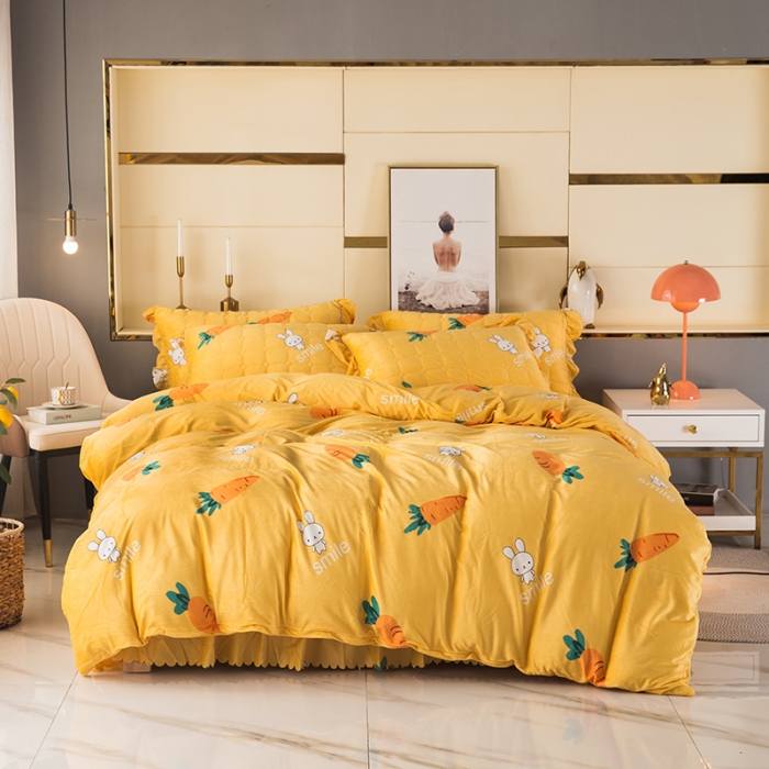 91家纺网 家纺一手货源 找家纺 纽缦 2020新款绒夹棉床裙四件套 萝卜兔子黄