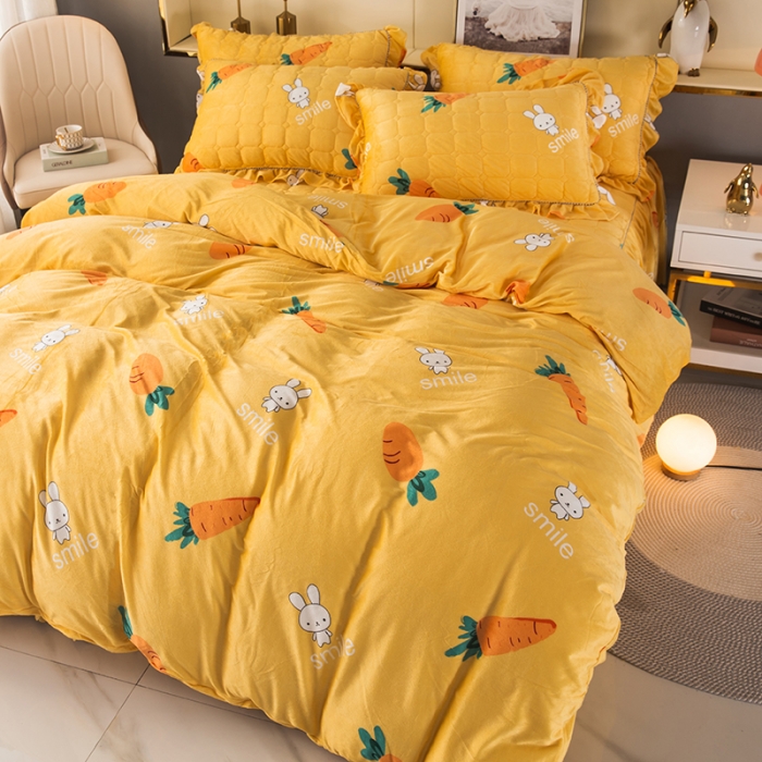 91家纺网 家纺一手货源 找家纺 纽缦 2020新款绒夹棉床裙四件套 萝卜兔子黄