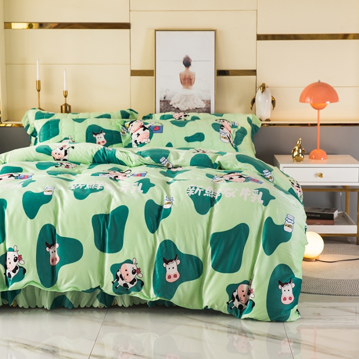 91家纺网 家纺一手货源 找家纺 纽缦 2020新款绒夹棉床裙四件套 奶牛块