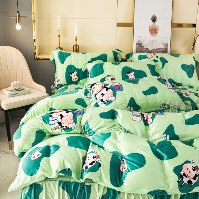 91家纺网 家纺一手货源 找家纺 纽缦 2020新款绒夹棉床裙四件套 奶牛块