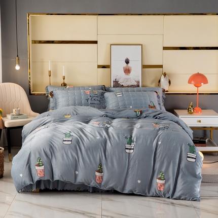 纽缦 2020新款绒夹棉床裙四件套 仙人掌灰