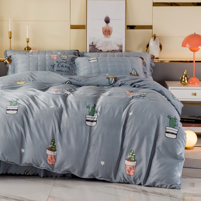 91家纺网 家纺一手货源 找家纺 纽缦 2020新款绒夹棉床裙四件套 仙人掌灰