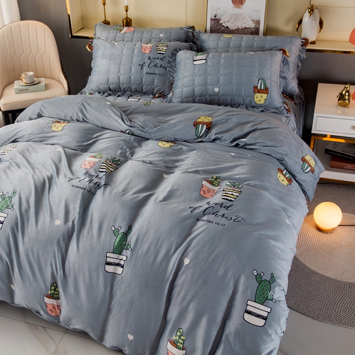 91家纺网 家纺一手货源 找家纺 纽缦 2020新款绒夹棉床裙四件套 仙人掌灰