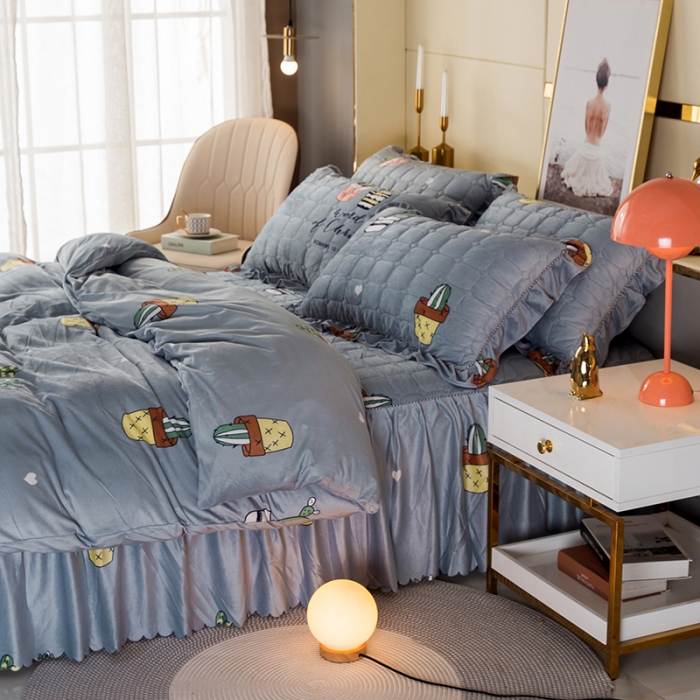 91家纺网 家纺一手货源 找家纺 纽缦 2020新款绒夹棉床裙四件套 仙人掌灰