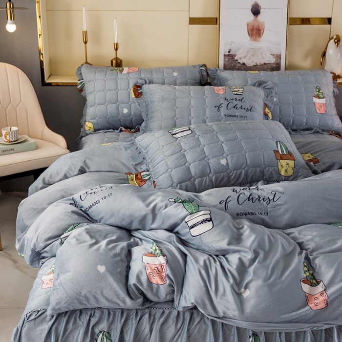 91家纺网 家纺一手货源 找家纺 纽缦 2020新款绒夹棉床裙四件套 仙人掌灰