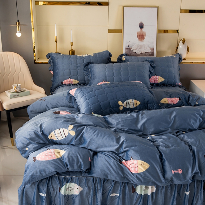 91家纺网 家纺一手货源 找家纺 纽缦 2020新款绒夹棉床裙四件套 鱼水深情天蓝