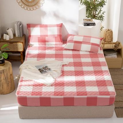 久典 2023新款全棉色织水洗棉夹棉床笠 粉大格