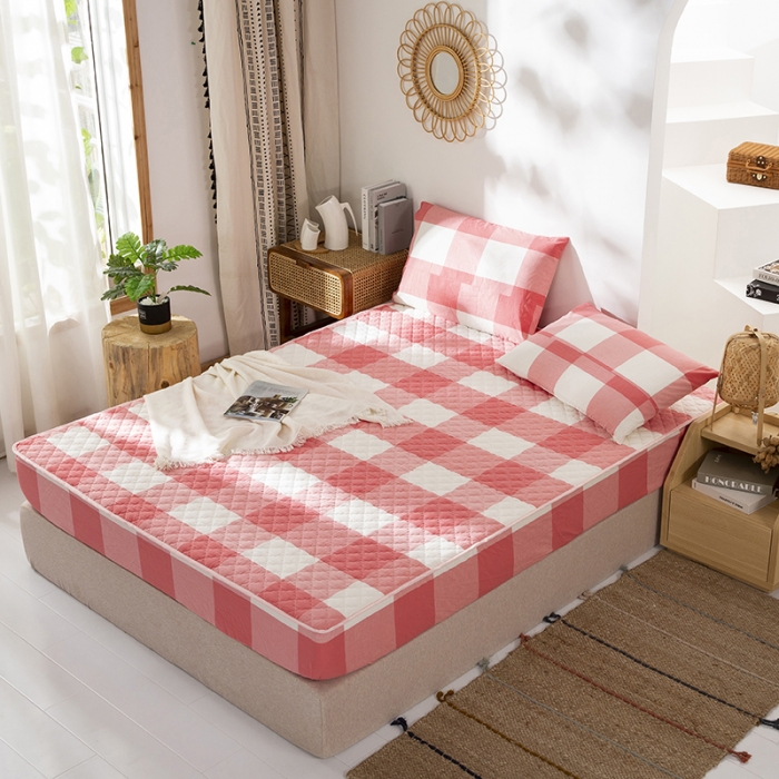 91家纺网 家纺一手货源 找家纺 久典 2023新款全棉色织水洗棉夹棉床笠 粉大格