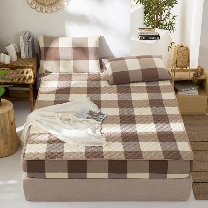 久典 2023新款全棉色织水洗棉夹棉床笠 咖大格