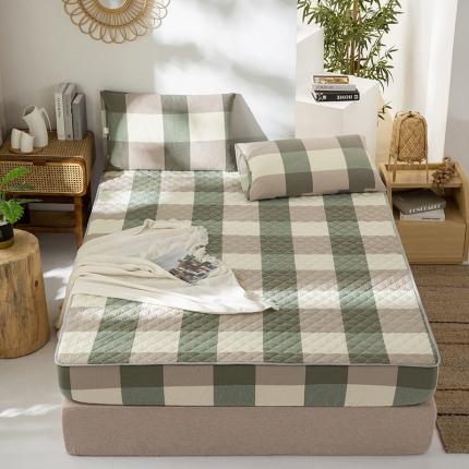 久典 2023新款全棉色织水洗棉夹棉床笠 绿大格