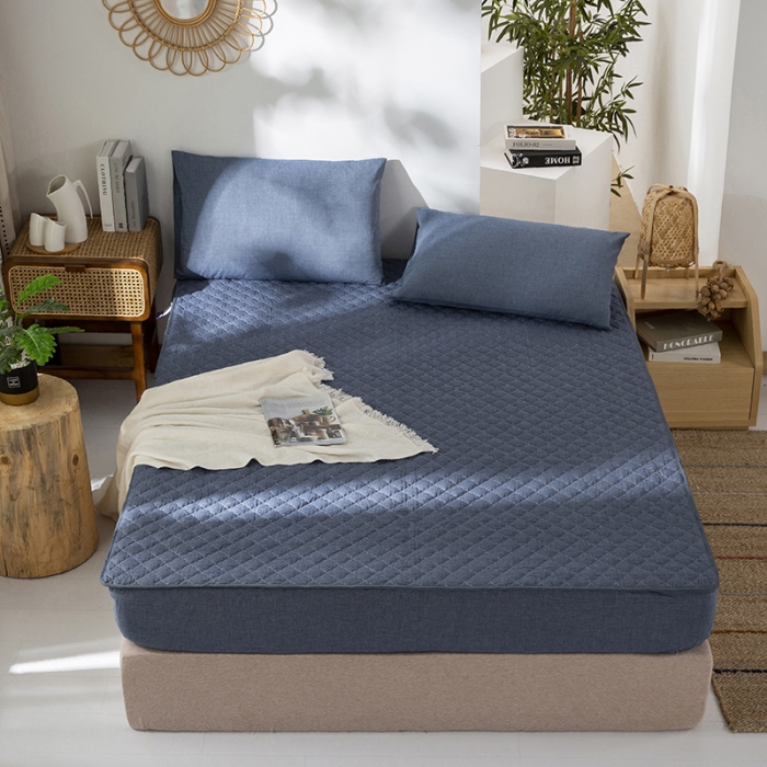 91家纺网 家纺一手货源 找家纺 久典 2023新款全棉色织水洗棉夹棉床笠 牛仔蓝