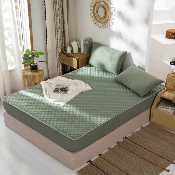 91家纺网 家纺一手货源 找家纺 久典 2023新款全棉色织水洗棉夹棉床笠 清新绿