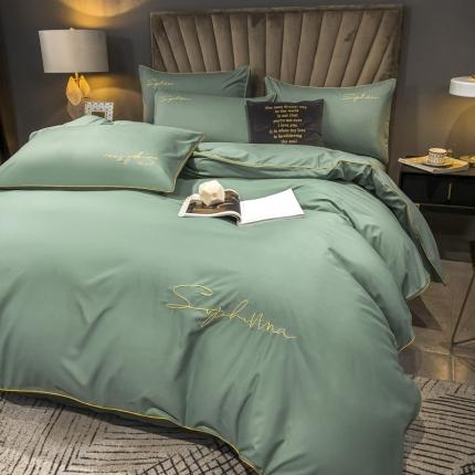 91家纺网 家纺一手货源 找家纺 欣晴 2020加厚洛卡棉磨毛纯色刺绣麻绳款四件套 薄荷绿