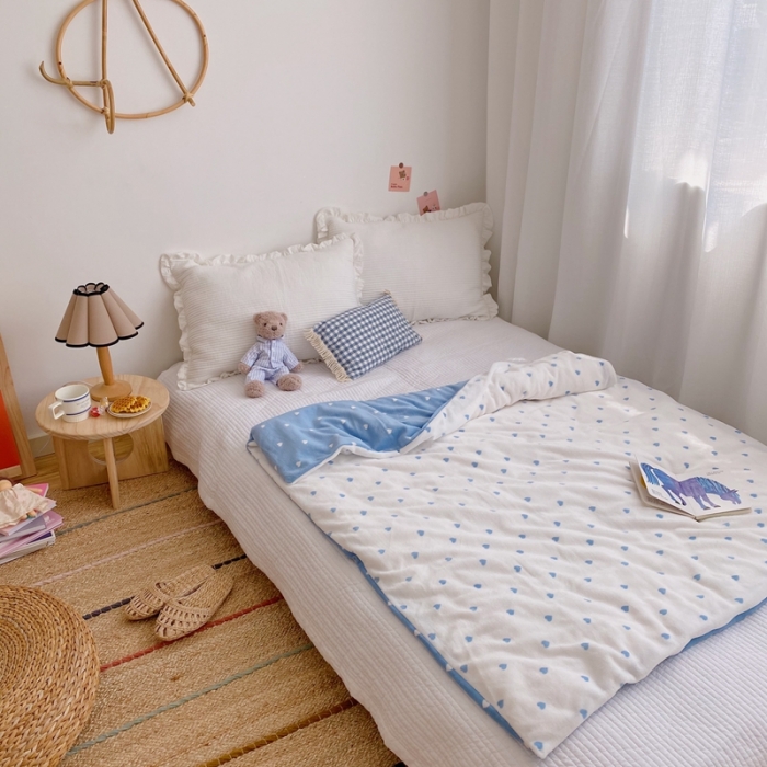 91家纺网 家纺一手货源 找家纺 星期八2020新款双层宝宝绒盖毯被毯子毛毯实拍图 爱心蓝