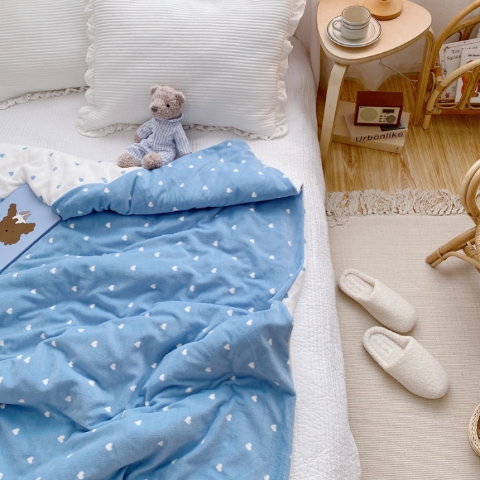 91家纺网 家纺一手货源 找家纺 星期八2020新款双层宝宝绒盖毯被毯子毛毯实拍图 爱心蓝