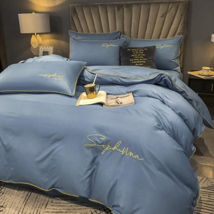 91家纺网 家纺一手货源 找家纺 欣晴 2020加厚洛卡棉磨毛纯色刺绣麻绳款四件套 浅石蓝